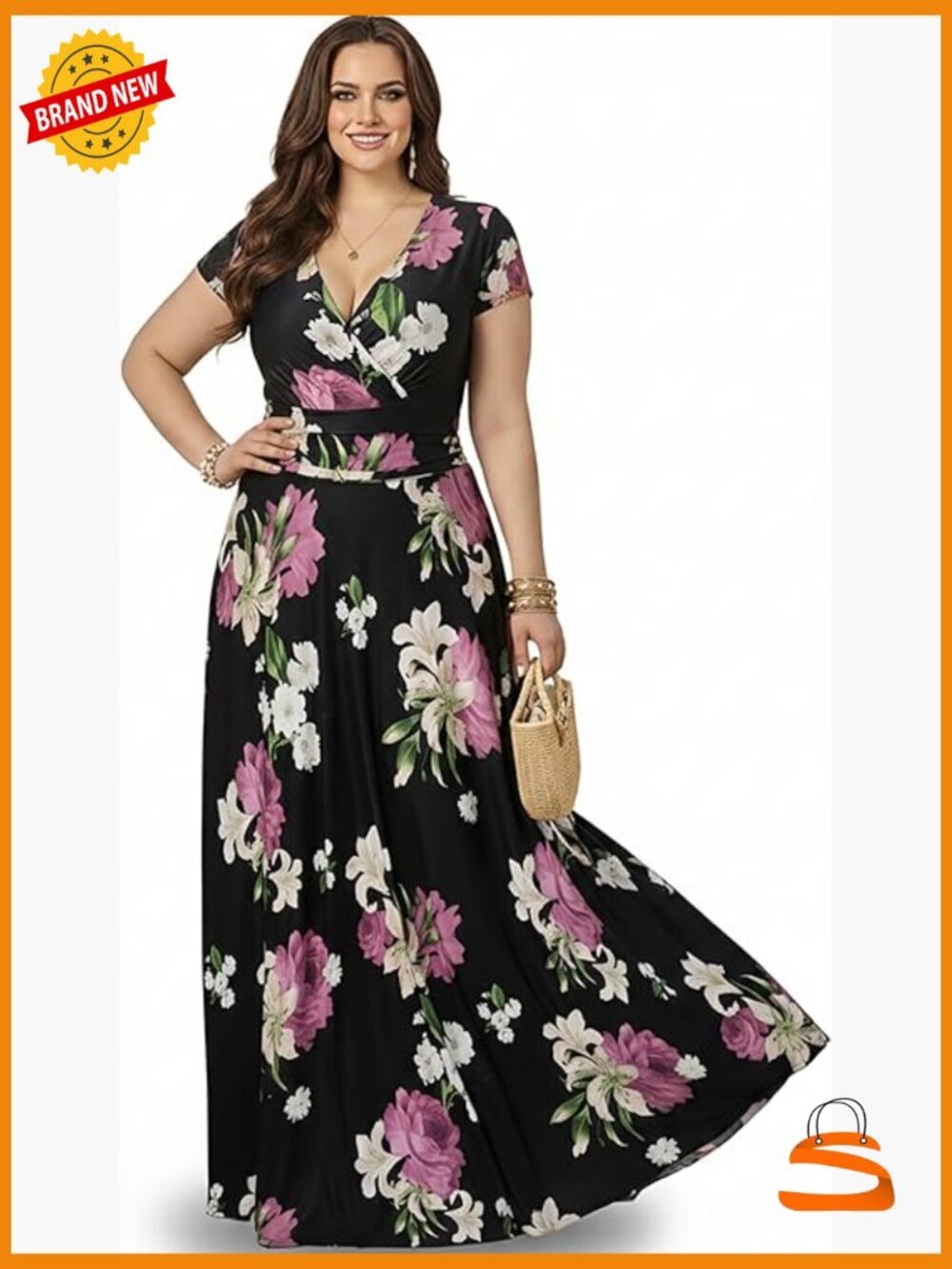 Flowing Floor Length Maxi Dress with Short Sleeves V-Neck Plus Size - Picture 1 of 7